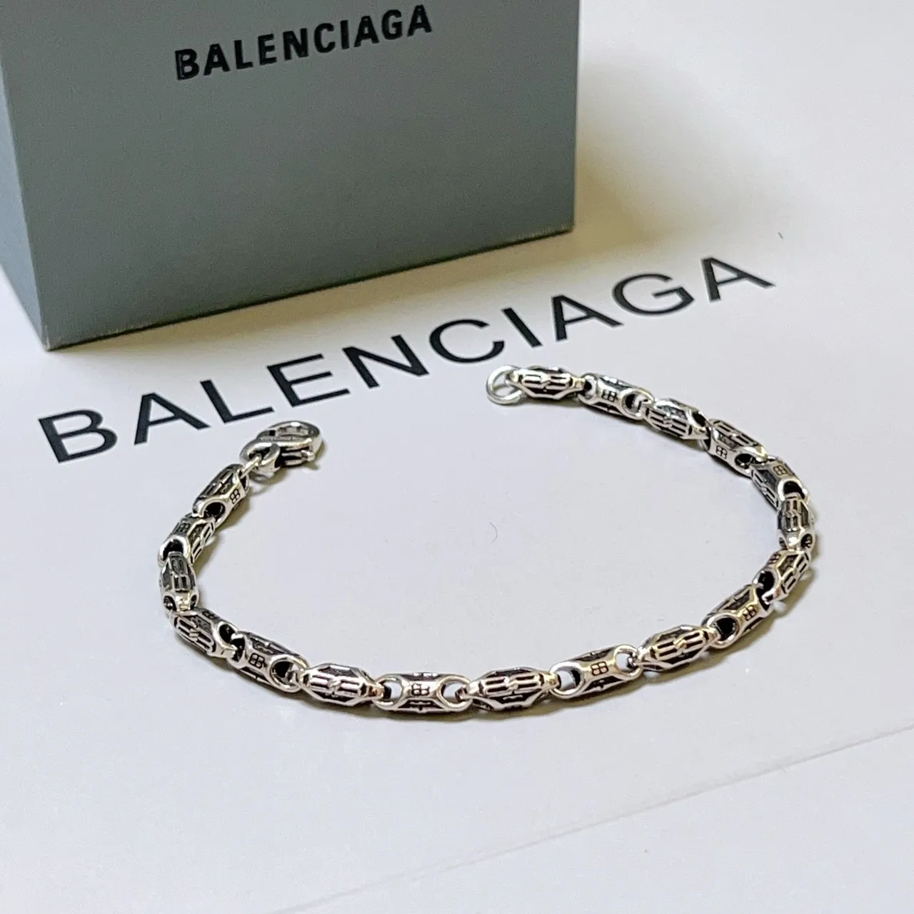Balenciaga Monogrammed Chain-Link Two-Tone Silver Bracelet