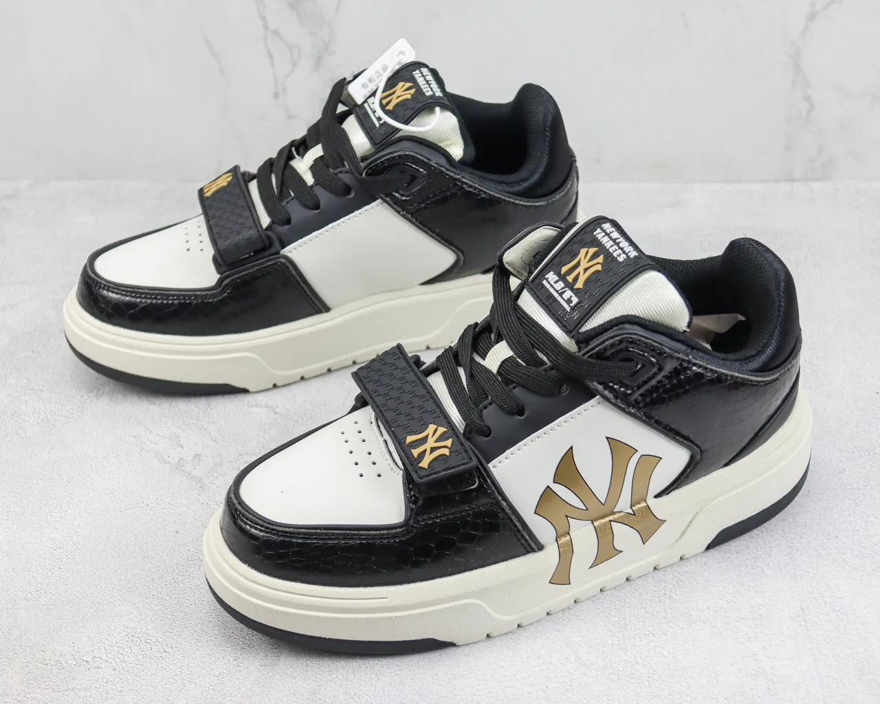 Mitchell & Ness Black Gold Crocodile-Embossed Leather White Side Panel Chunky Sneakers