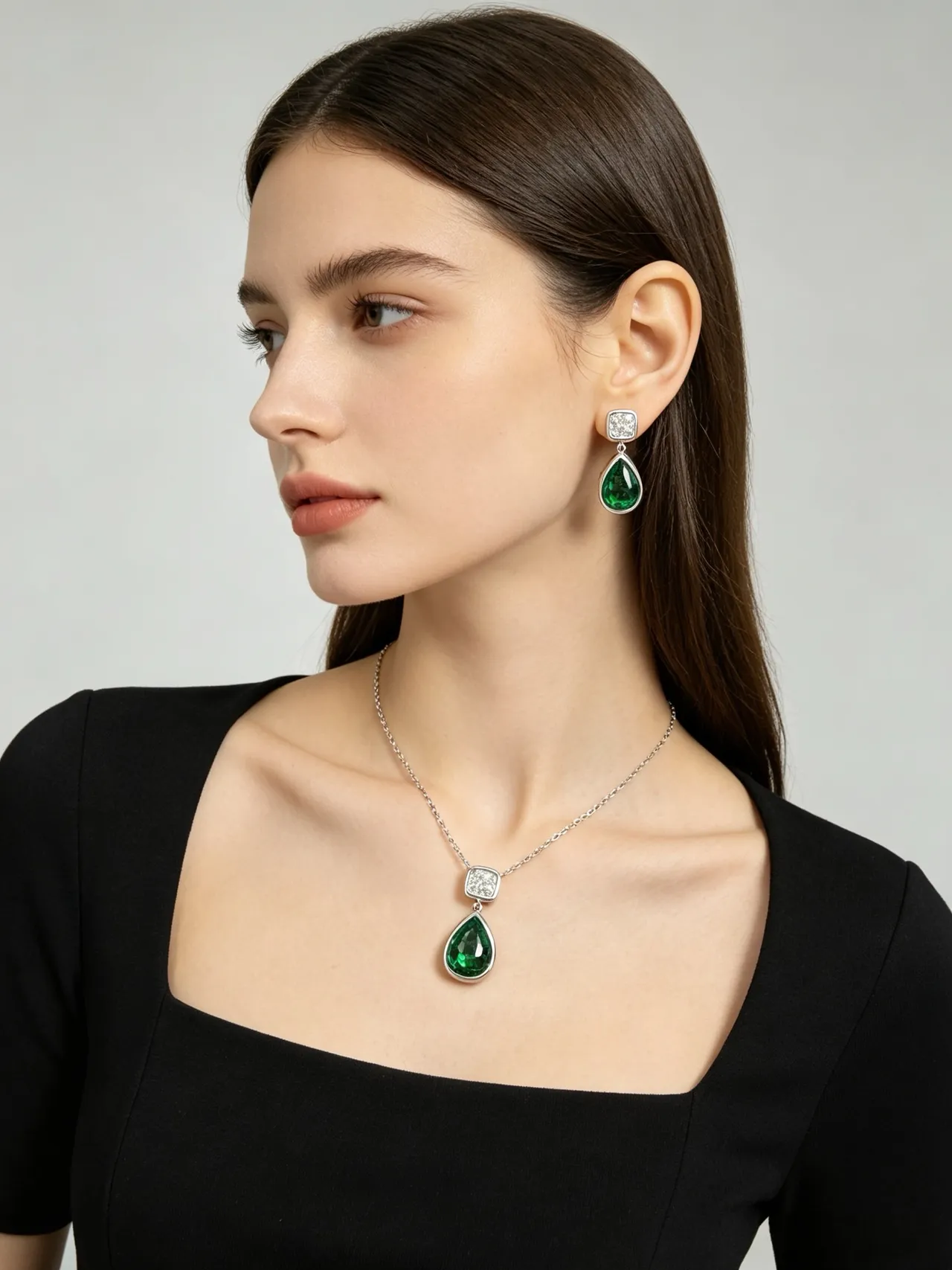 Pear-Shaped Green Gemstone and Square Accent Stone Bezel-Set Pendant Necklace