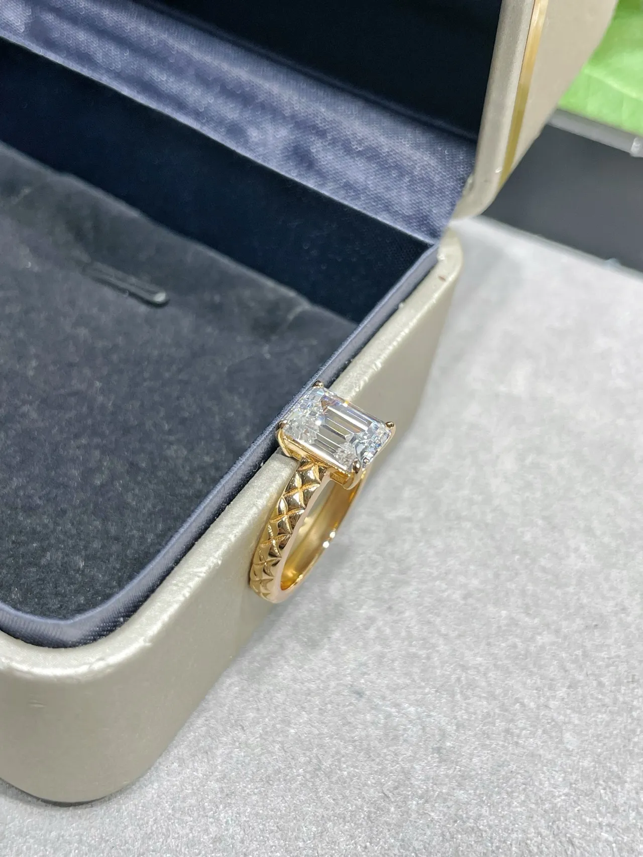 Gold Silver Emerald-Cut Stone Textured Braided Band Ring