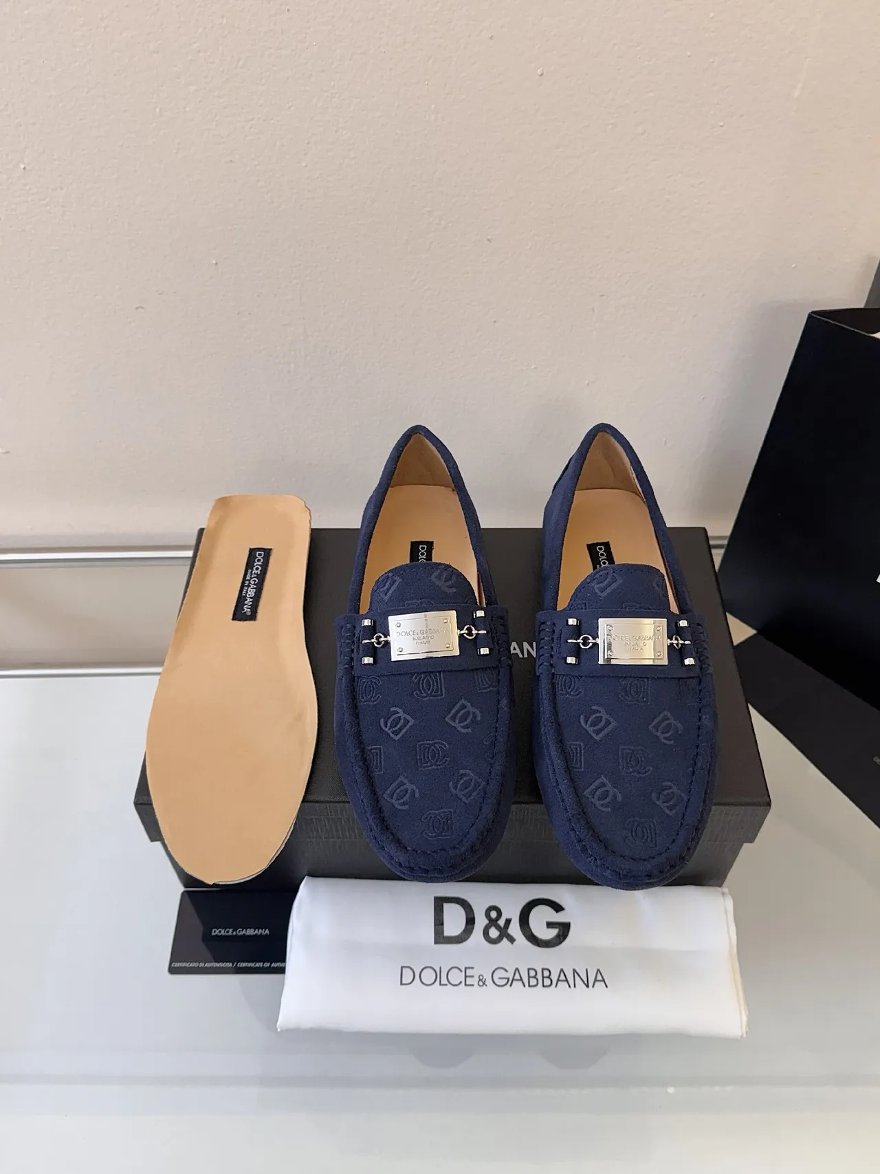 Dolce & Gabbana Portofino Navy Gold Suede Embossed Monogram Loafer