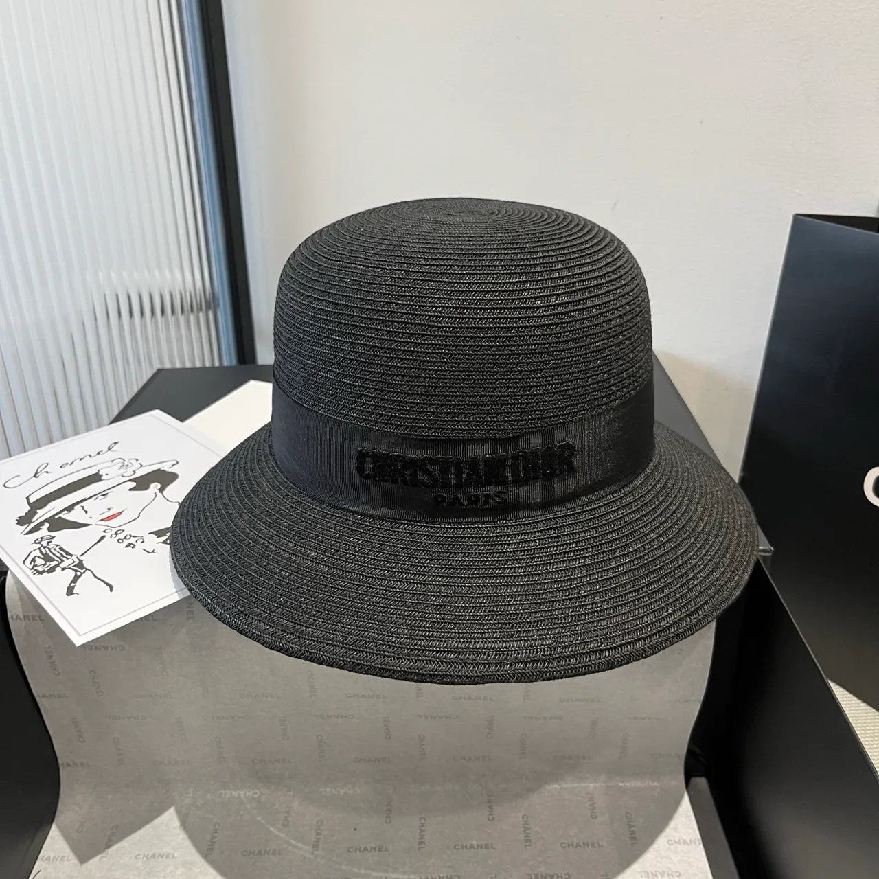 Dior Black Woven Straw-Like Texture Pinched Crown Fedora