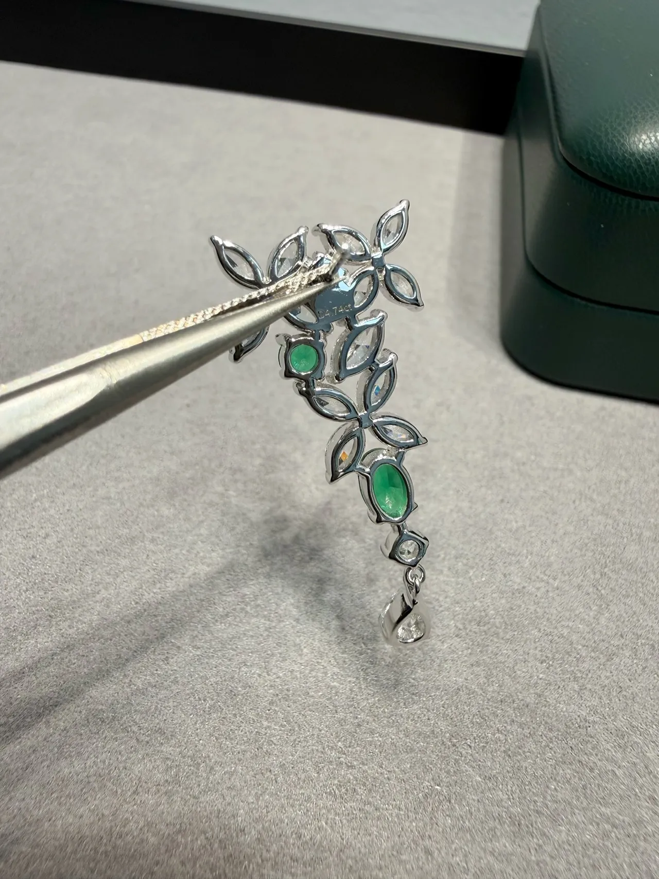 Floral Motif Marquise-Cut Green and Clear Stone Drop Earrings