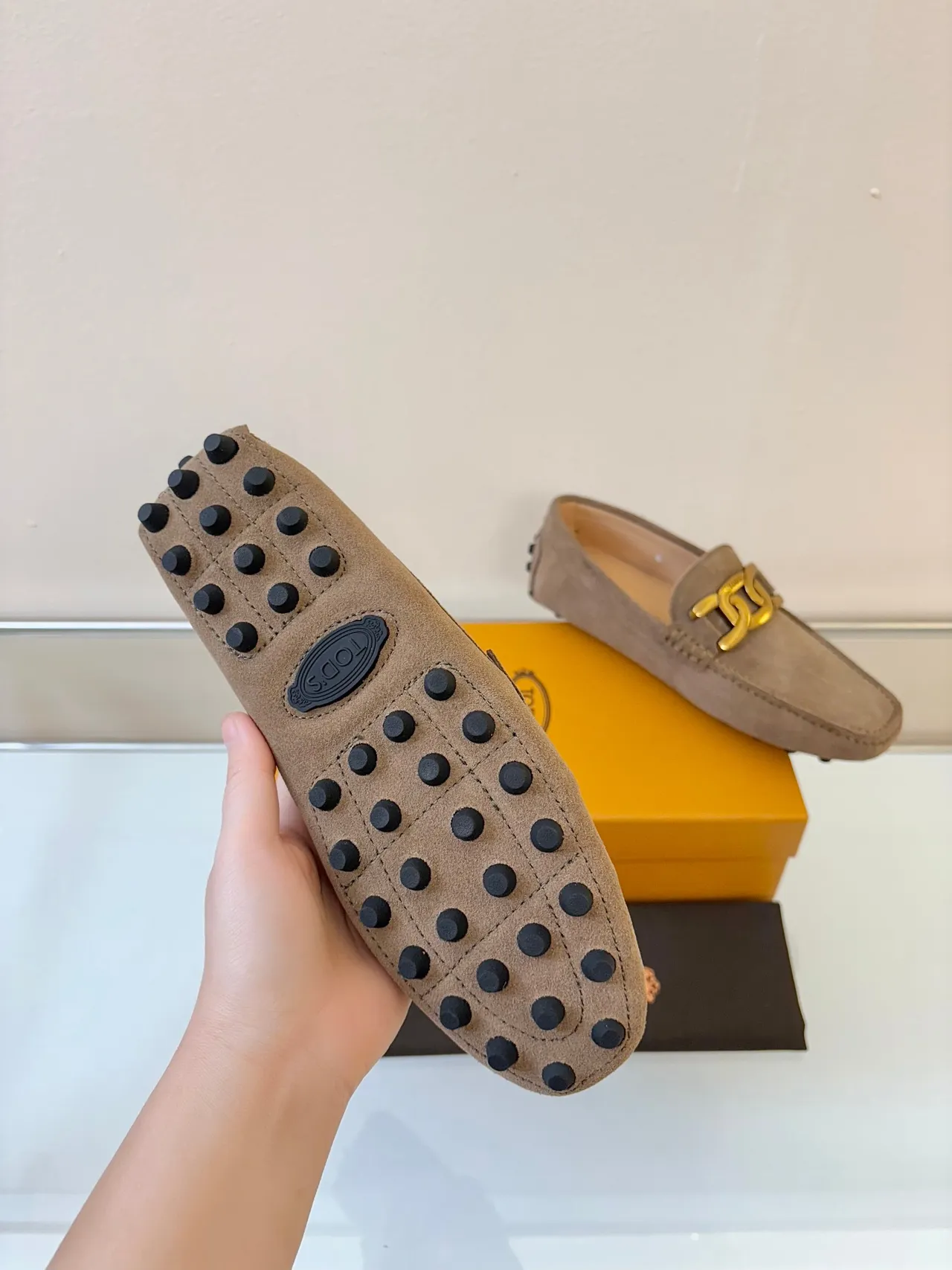 Tod's Gommino Loafer Taupe Suede Gold Horsebit Loafers