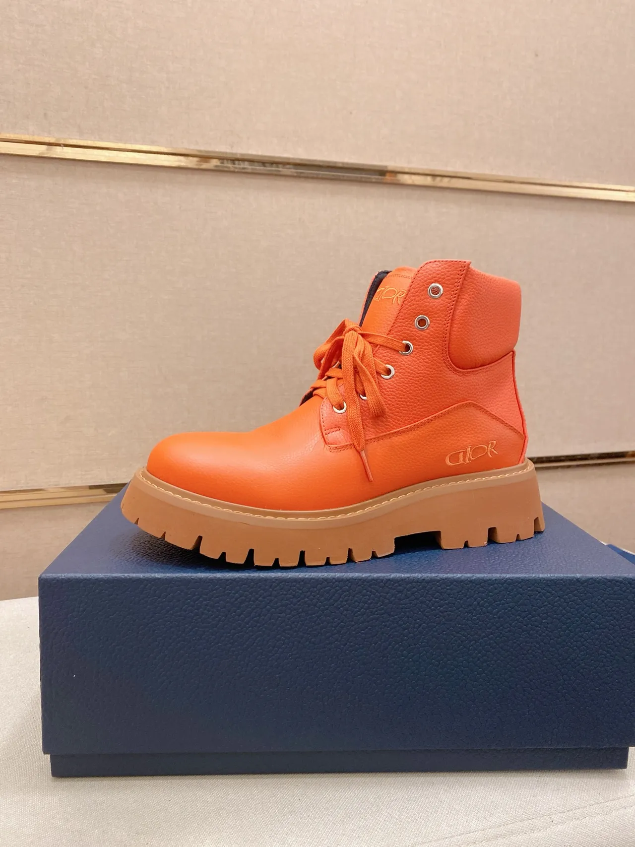 Dior Orange Beige High-Top Lace-Up Work Boots