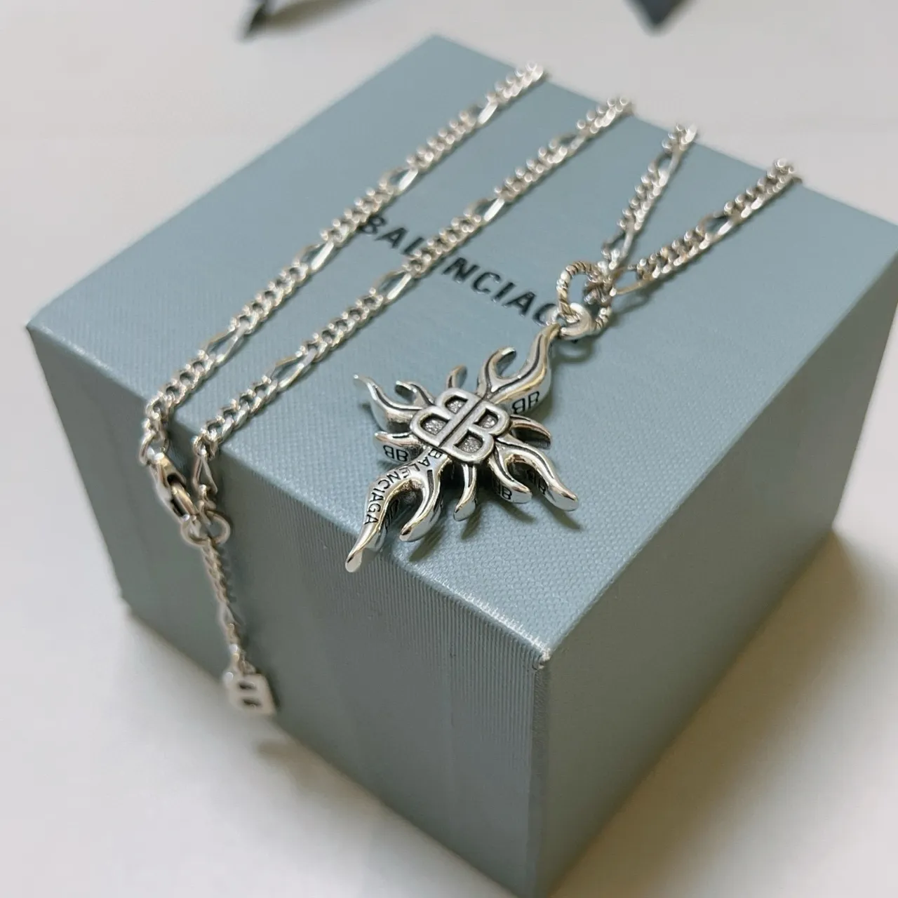 Balenciaga Flame BB Pendant Silver Chain Necklace