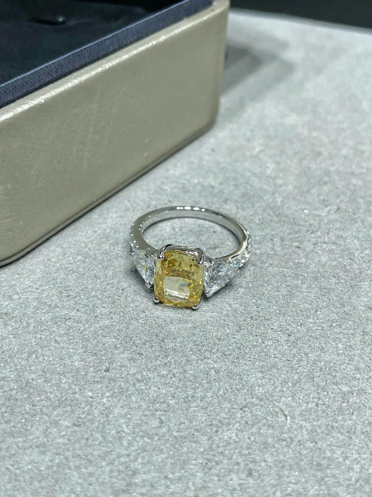 Three-Stone Cushion-Cut Yellow and White Gem Ring