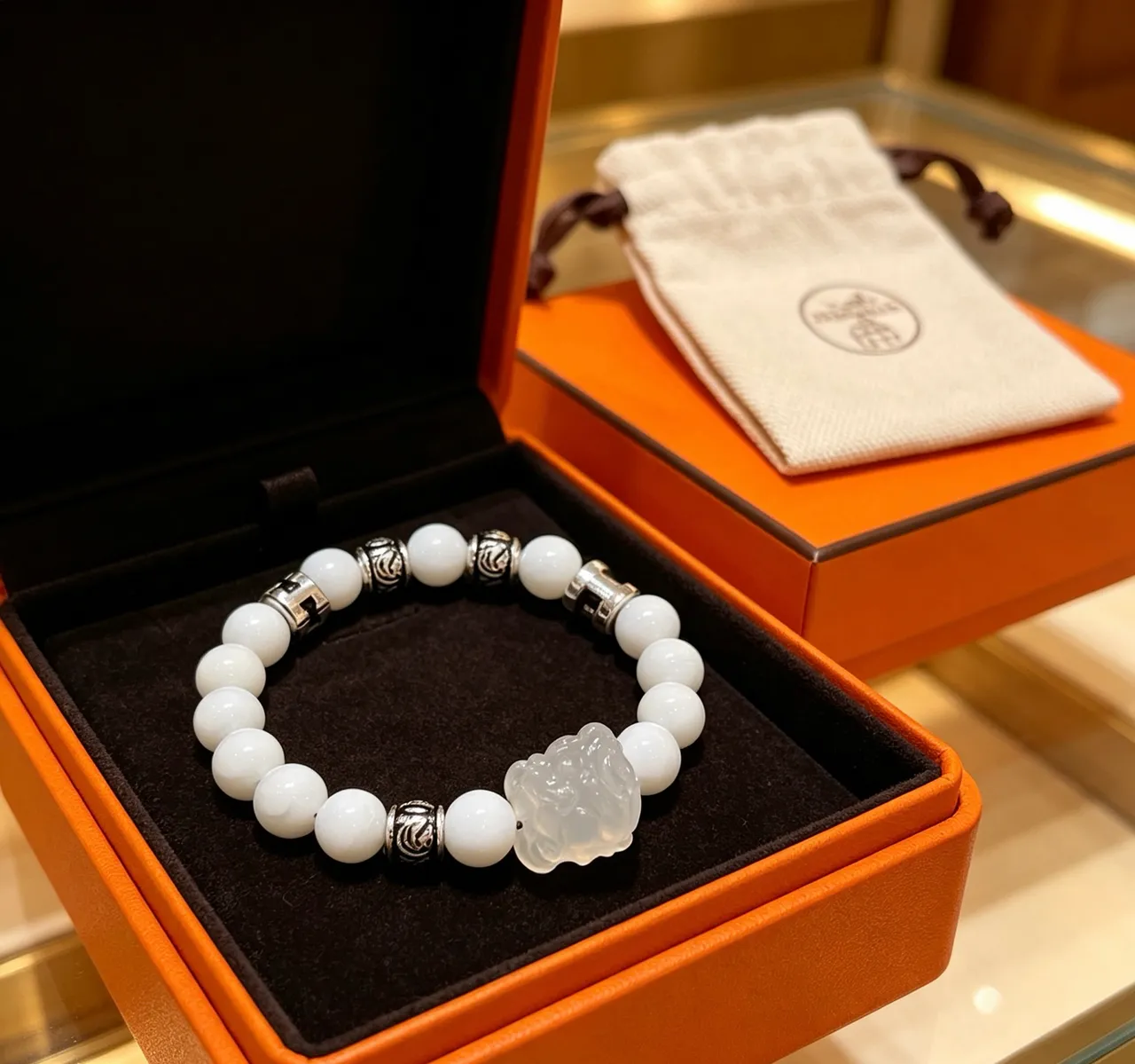 Hermès White Silver Stone Beads Metal Accents Bracelet