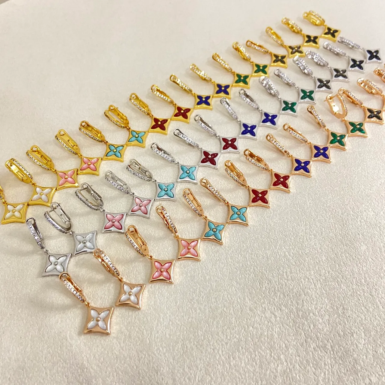 Enamel Floral Quatrefoil Clip-On Dangle Earrings