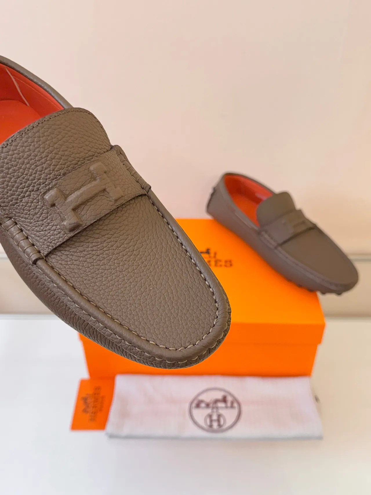 Hermès Oran Brown Orange Pebbled Leather H-Strap Loafer