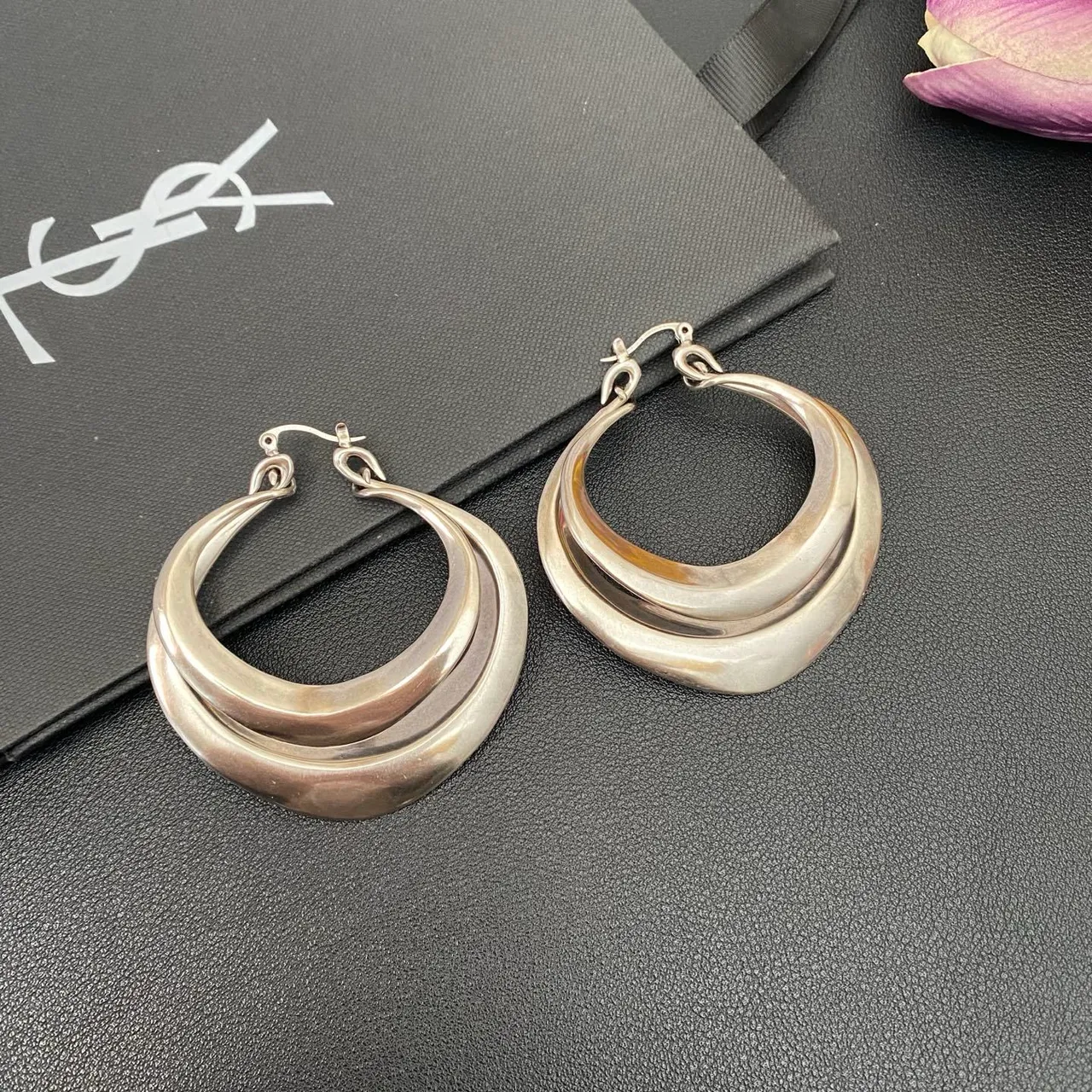 Saint Laurent Silver Triple-Layered Asymmetrical Hoop Earrings