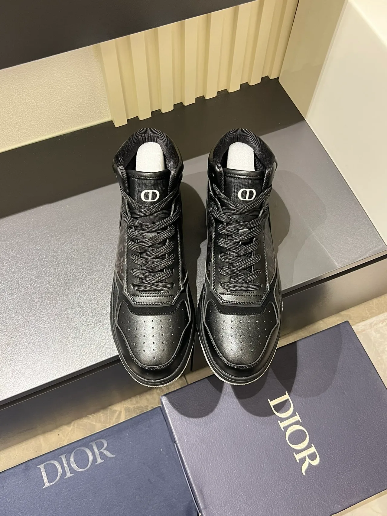 Dior B23 High Top Black Leather Monogram Lifestyle Sneakers