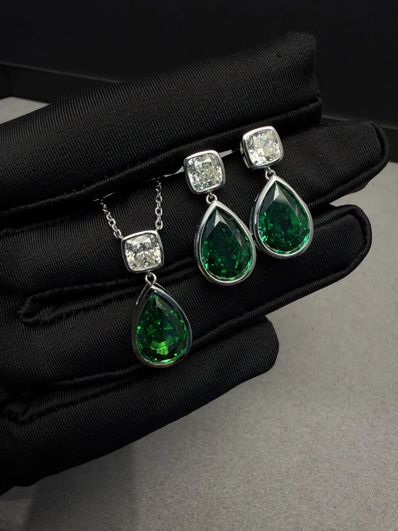 Two-Stone Teardrop Green and Clear Gem Drop Earrings
