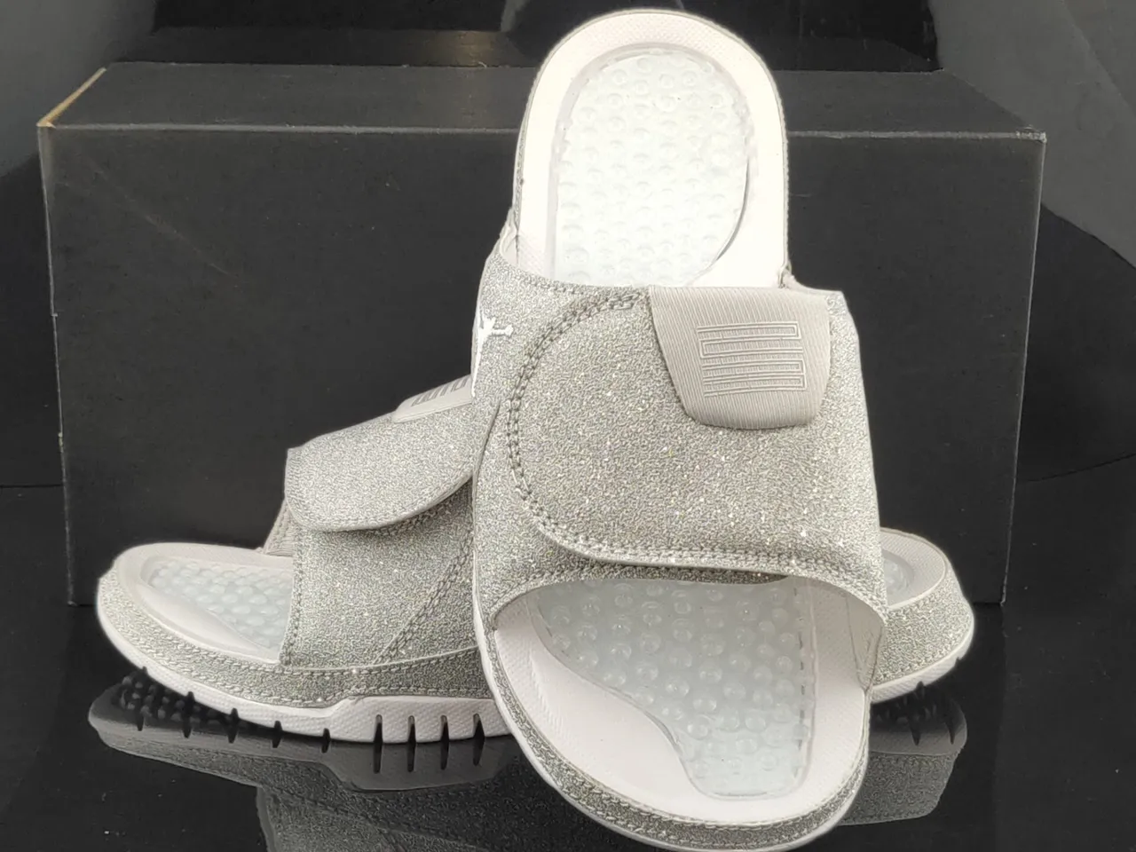 Air Jordan Silver White Glitter Upper Molded Footbed Slippers