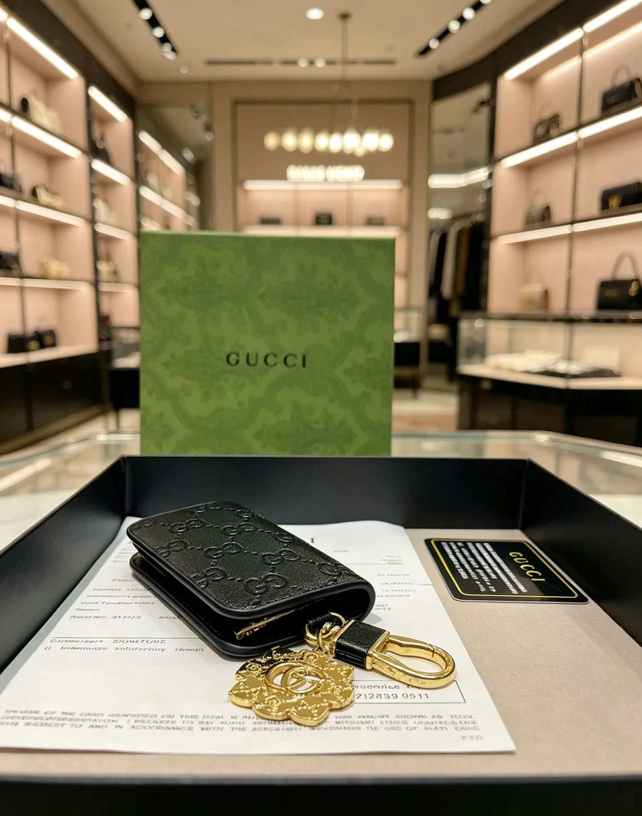 Gucci GG Monogram Black Gold Embossed Hardware Card Holder