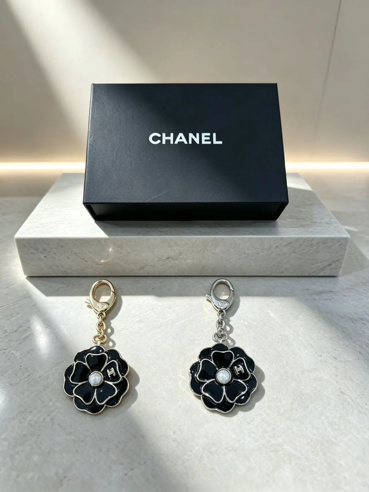 Chanel Camellia Flower Enamel Pearl Keychain Brooch