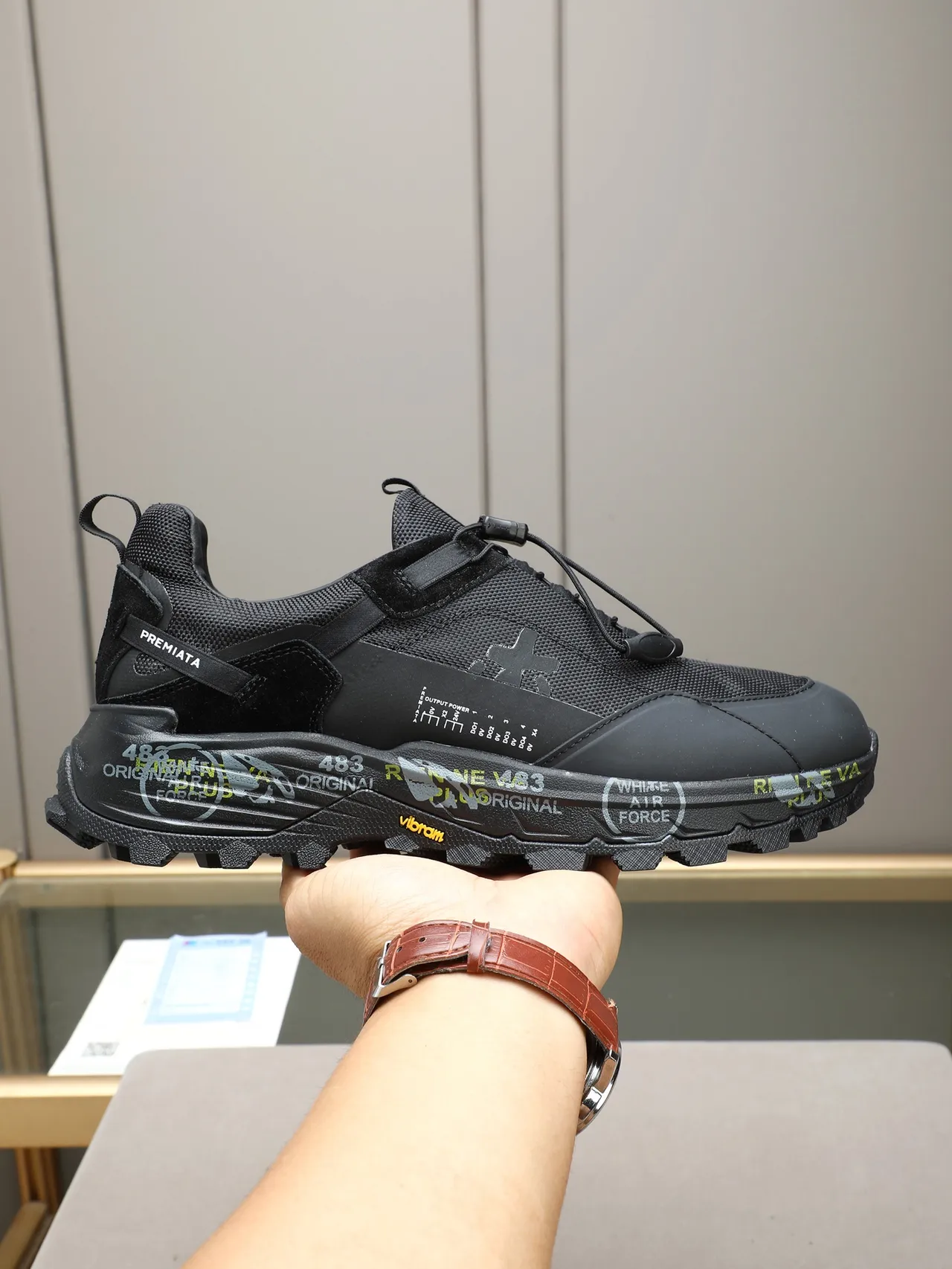 Premiata Black Yellow Sole Hybrid Lace-and-Strap Closure Chunky Sneakers