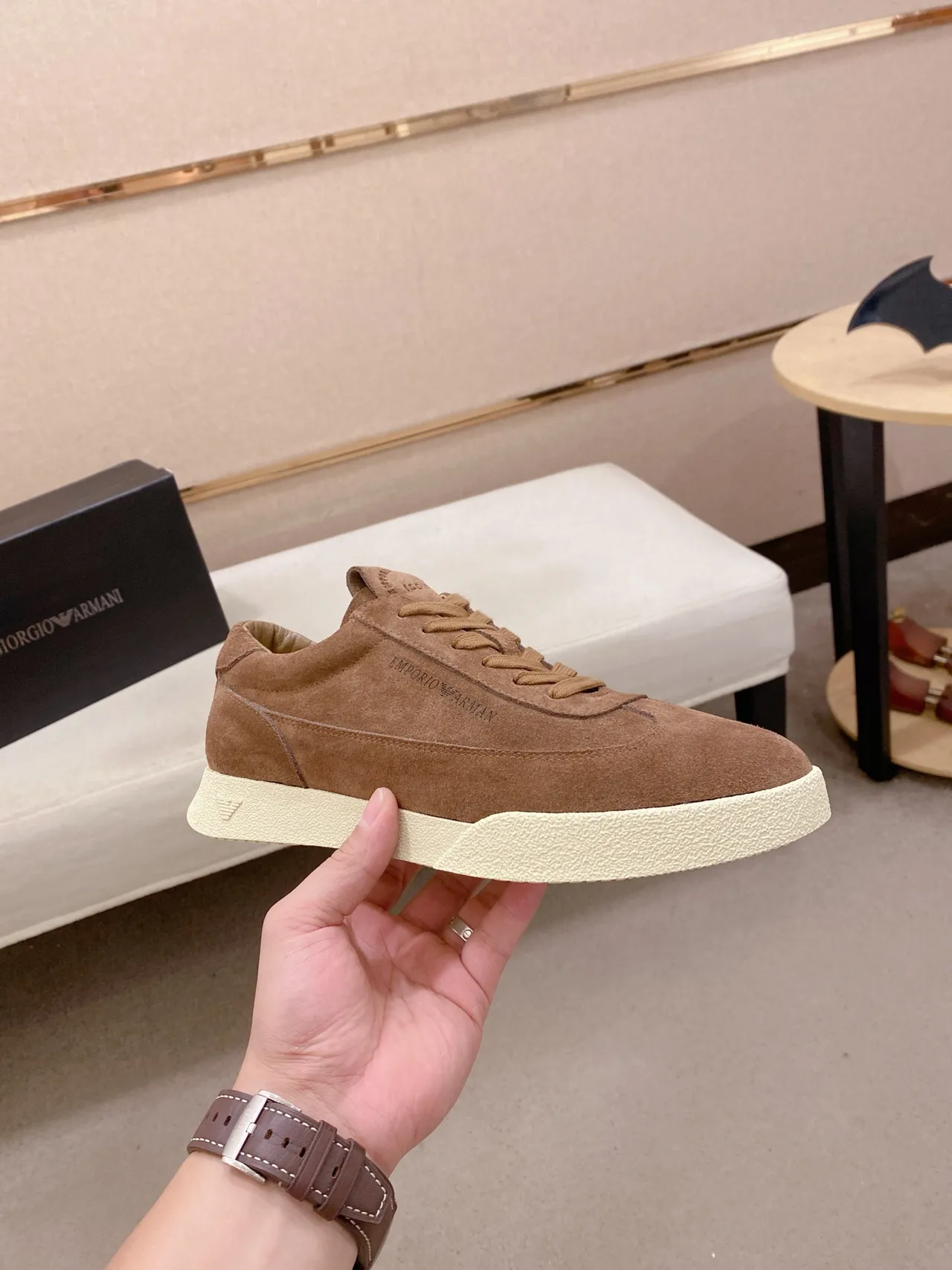 Emporio Armani Brown Suede Low-Top Lifestyle Sneakers