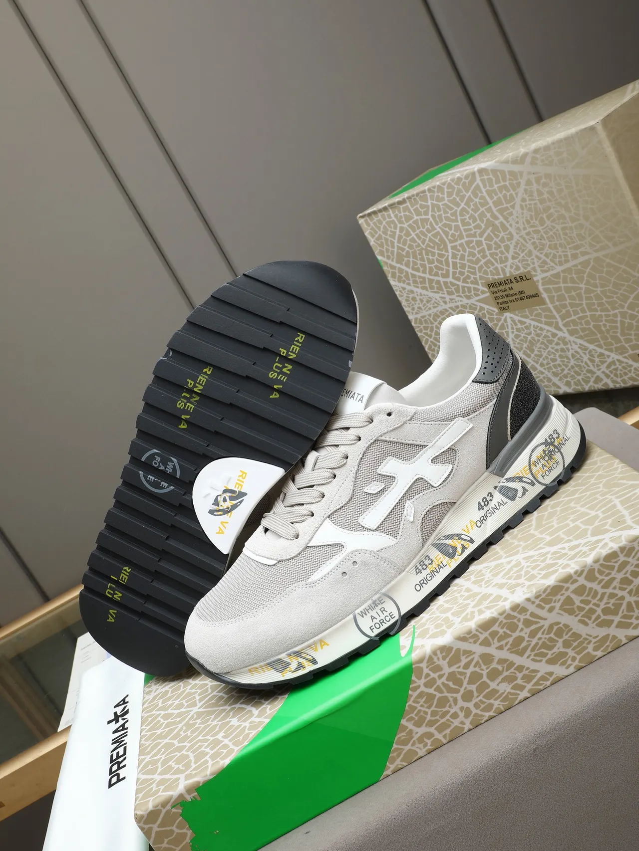 Premiata Gray Black Mixed-Material Upper Sculpted Printed Midsole Sneakers