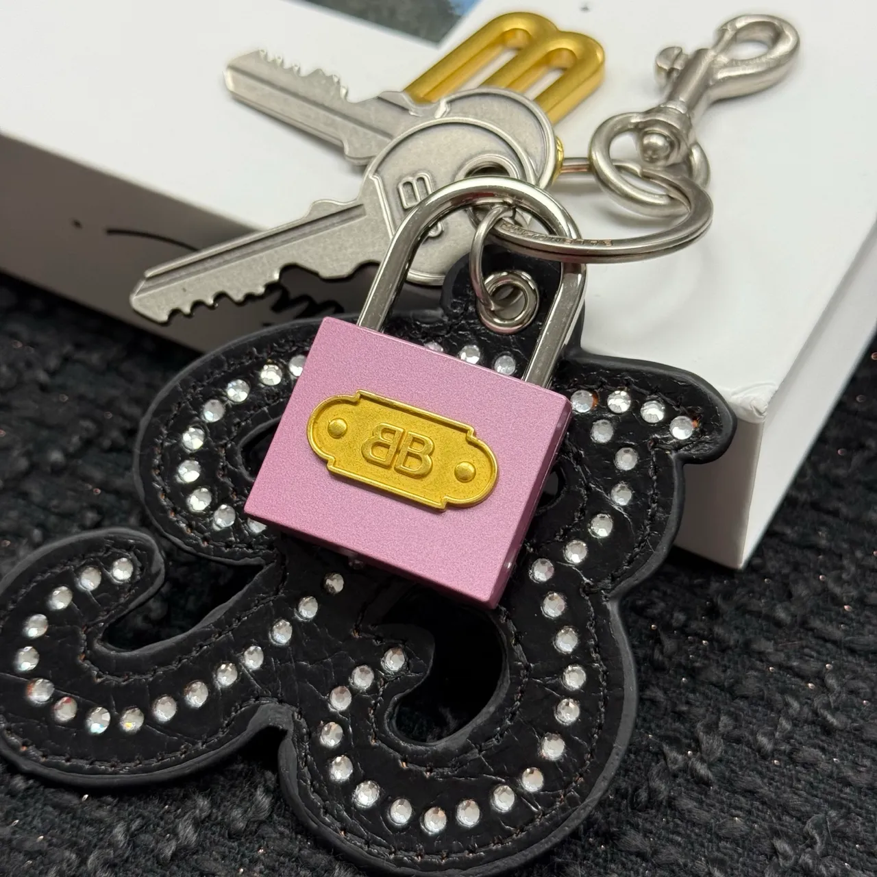Balenciaga Silver Pink Crystal-Embellished Logo-Charm Jewelry