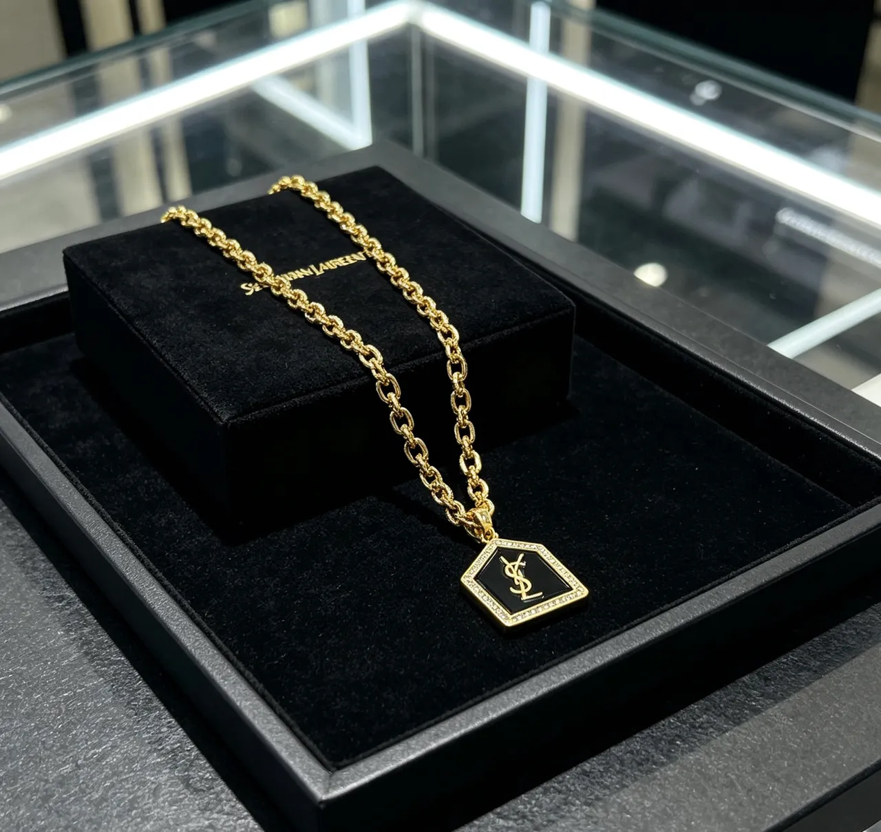 Saint Laurent Square Monogram Pendant Gold Black Curb Chain Enamel Necklace