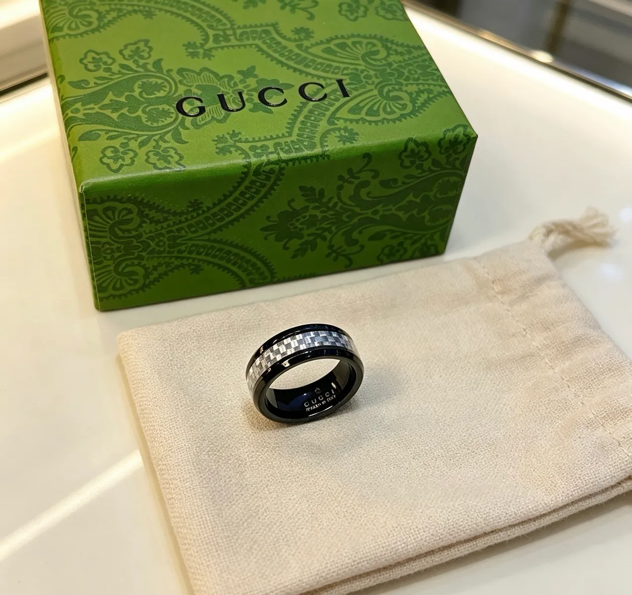 Gucci Mosaic Black Silver Ceramic Checkered Inlay Ring