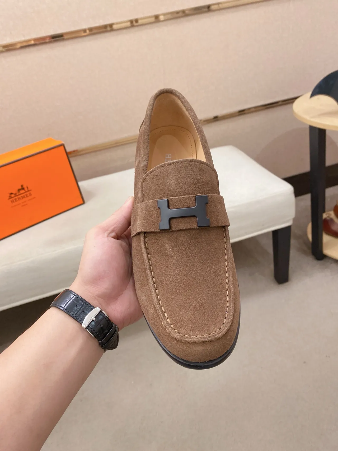 Hermès Oran Loafer Brown Suede H-Buckle Loafers