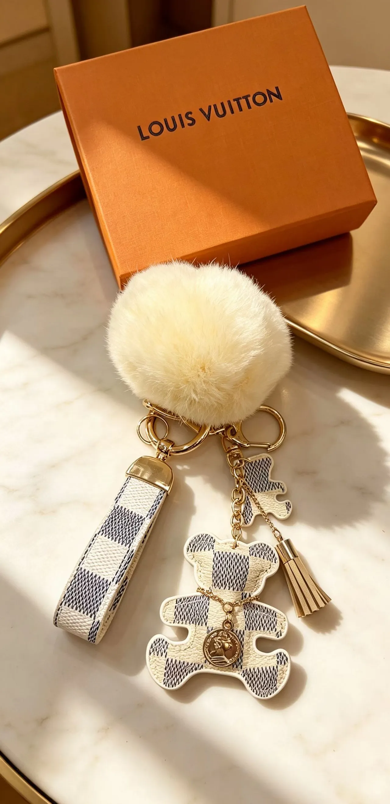 Louis Vuitton Teddy Bear Beige Black Damier Check Leather Pom-Pom Accent Phone Accessory
