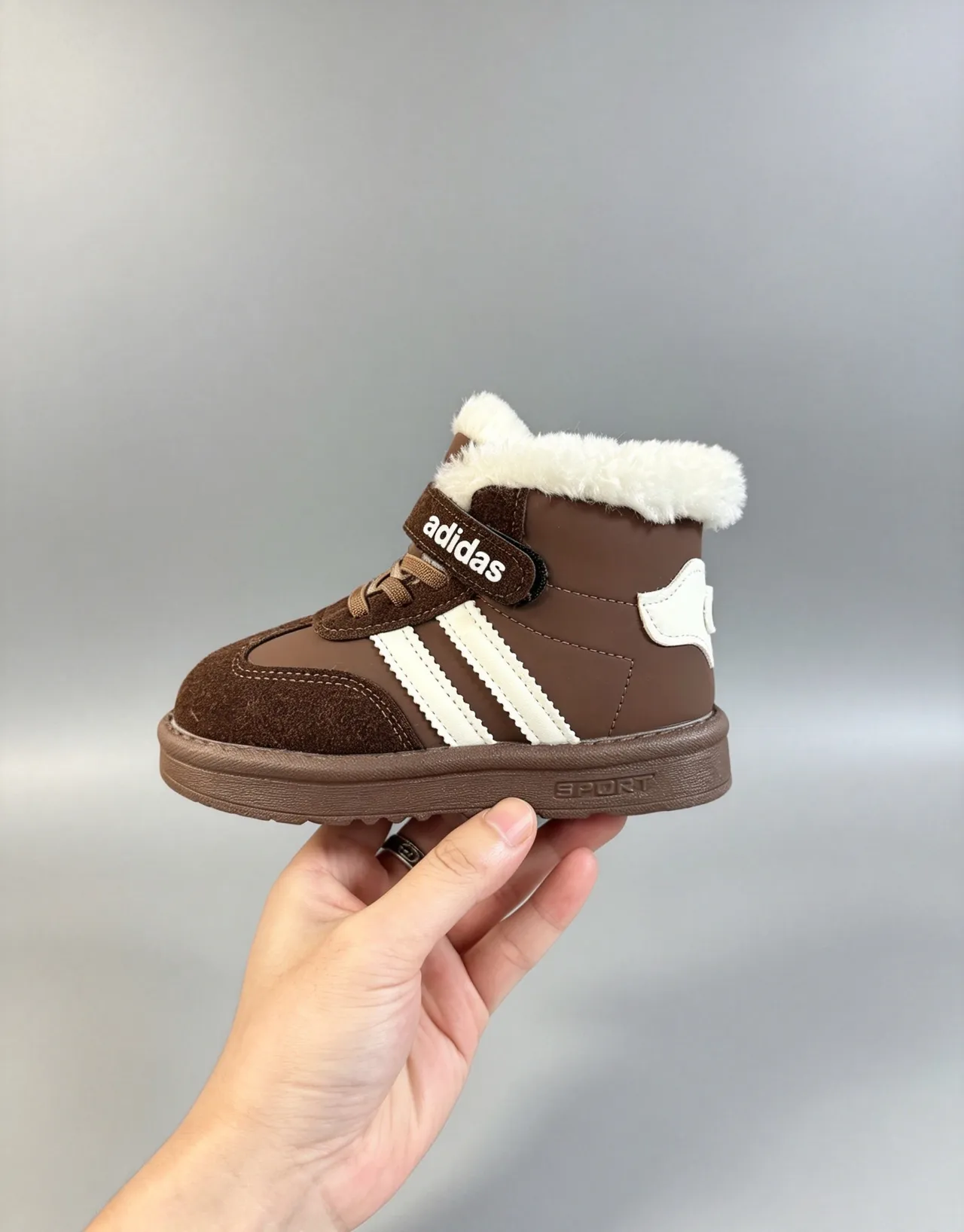 Adidas Brown White Fur-Lined Collar Three-Stripe Side Panel Snow Boots