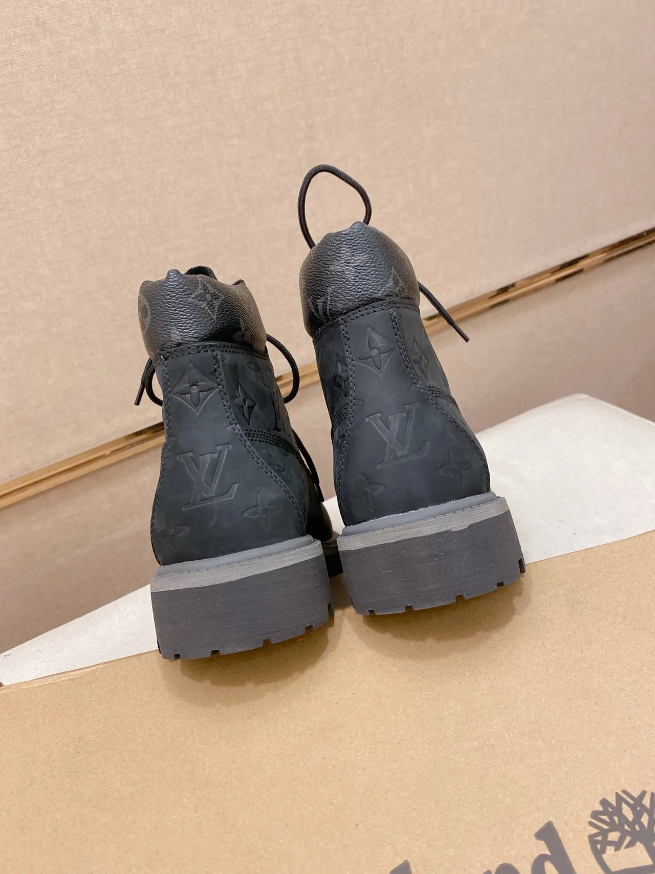 Louis Vuitton Trail Boot Black Gray Monogram-Embossed Leather Lace-Up Work Boots
