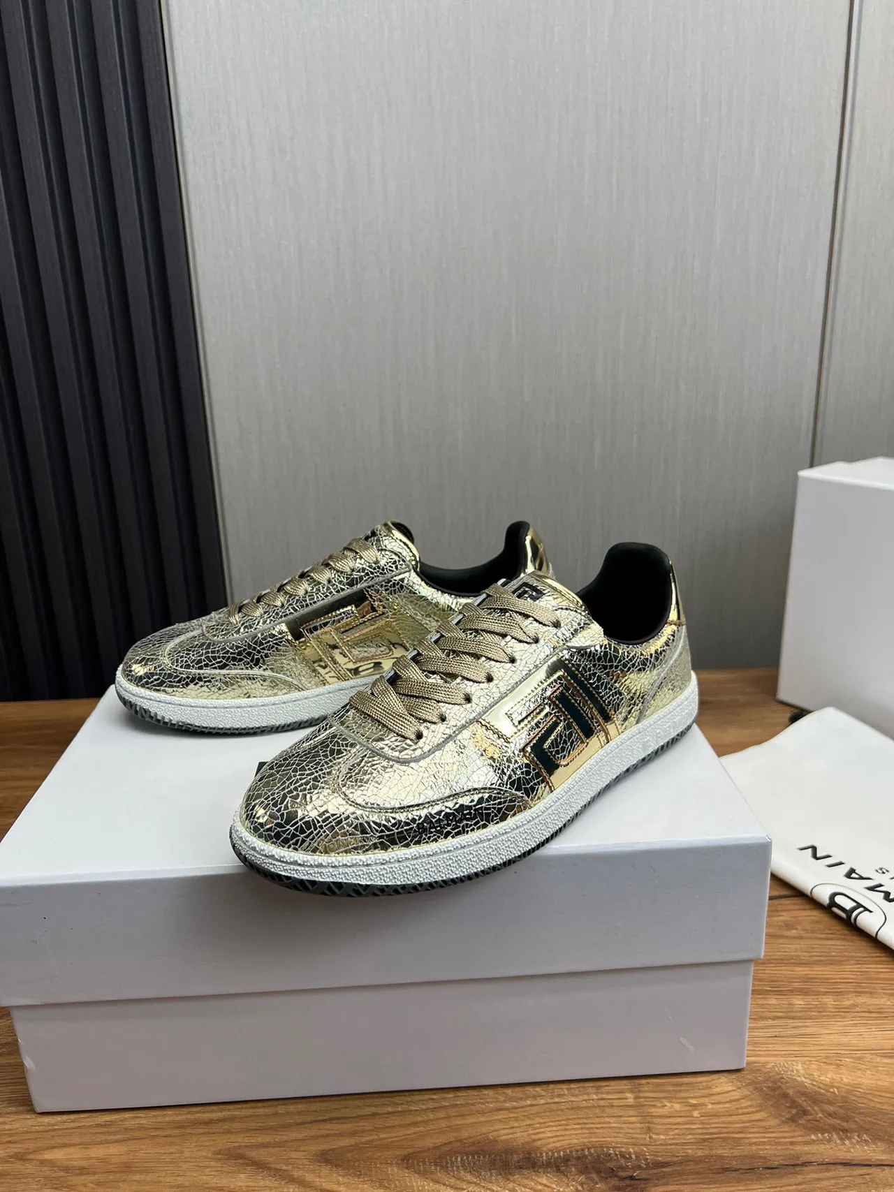 Balmain B-Court Metallic Cracked Leather Gold Black Lifestyle Sneakers