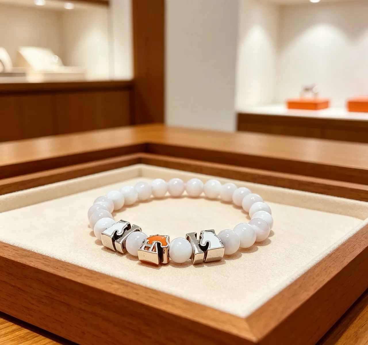 Hermès White Orange Beaded Enamel-Charm Bracelet