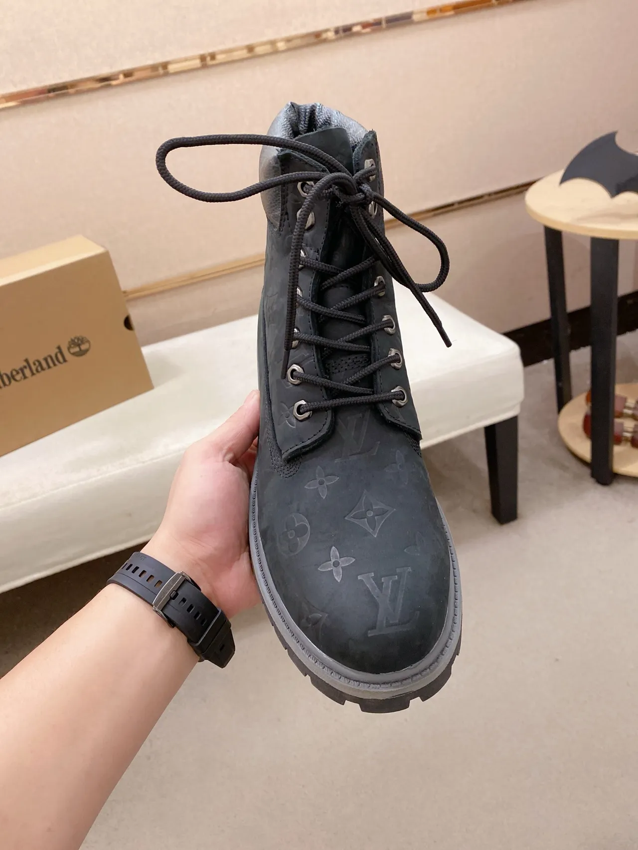 Louis Vuitton Trail Boot Black Gray Monogram-Embossed Leather Lace-Up Work Boots