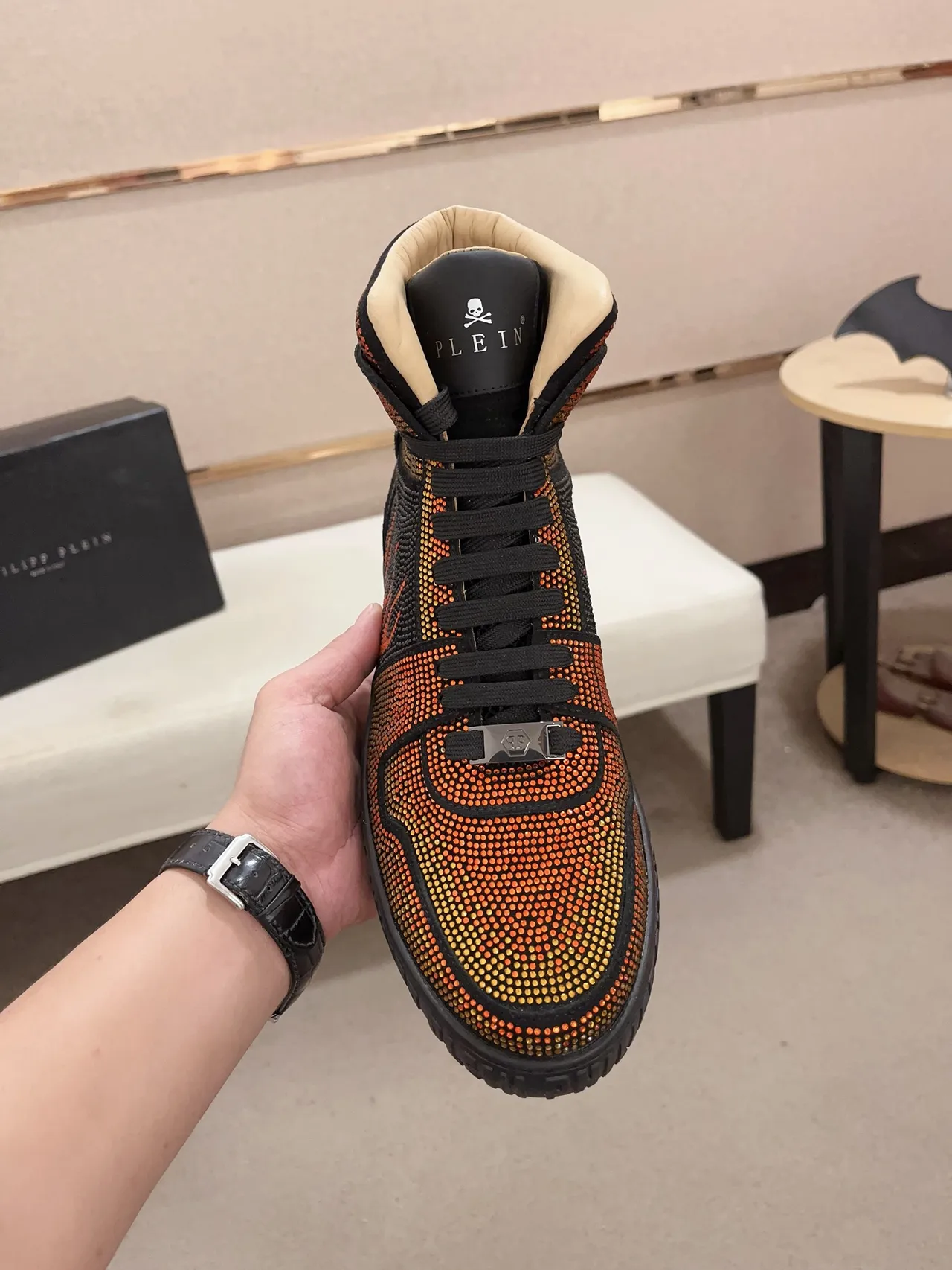 Philipp Plein Crystal-Embellished Flame Motif High-Top Lifestyle Sneakers