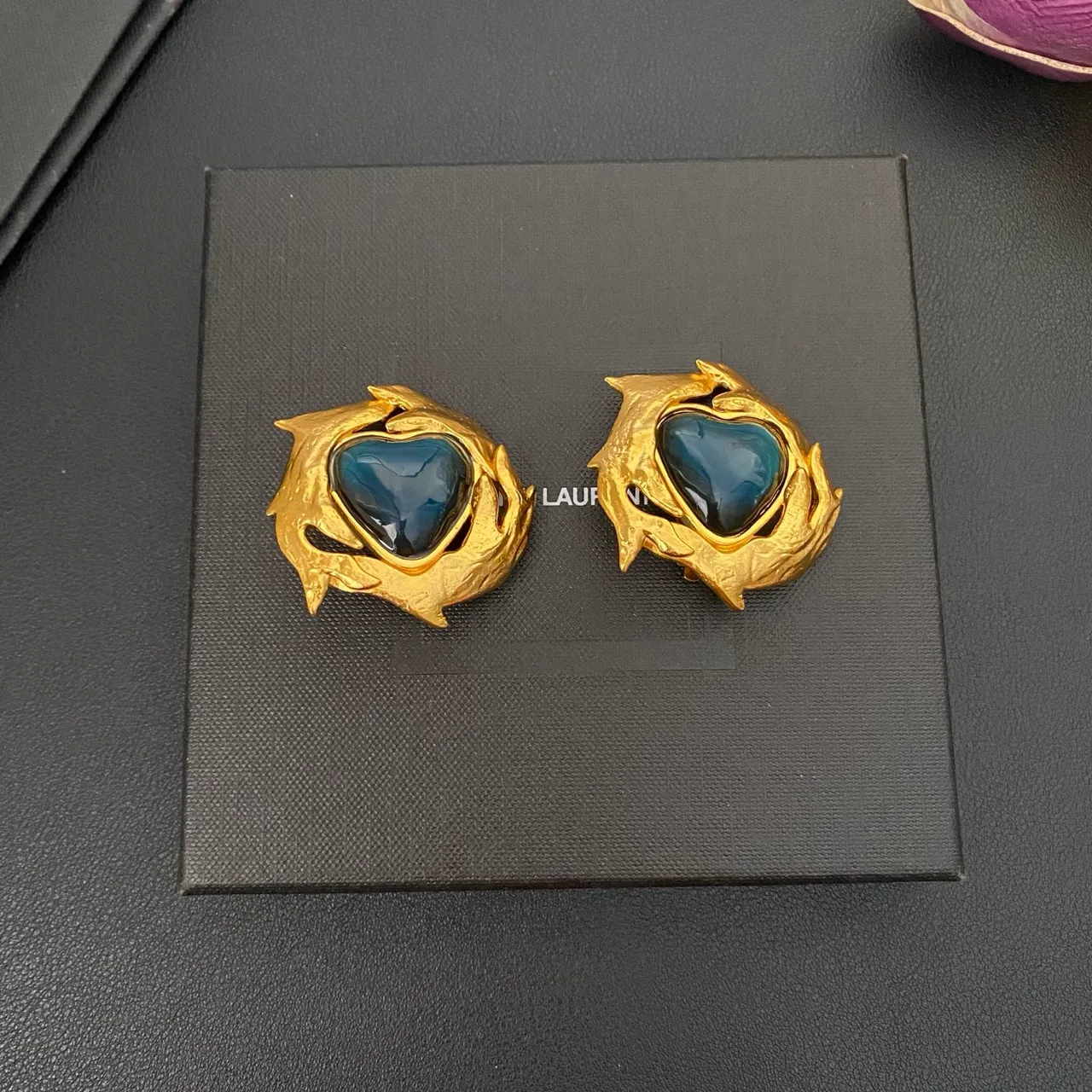 Gold Blue Heart-Shaped Cabochon Textured Organic Metalwork Brooch