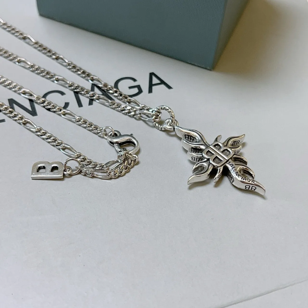 Balenciaga Flame BB Pendant Silver Chain Necklace