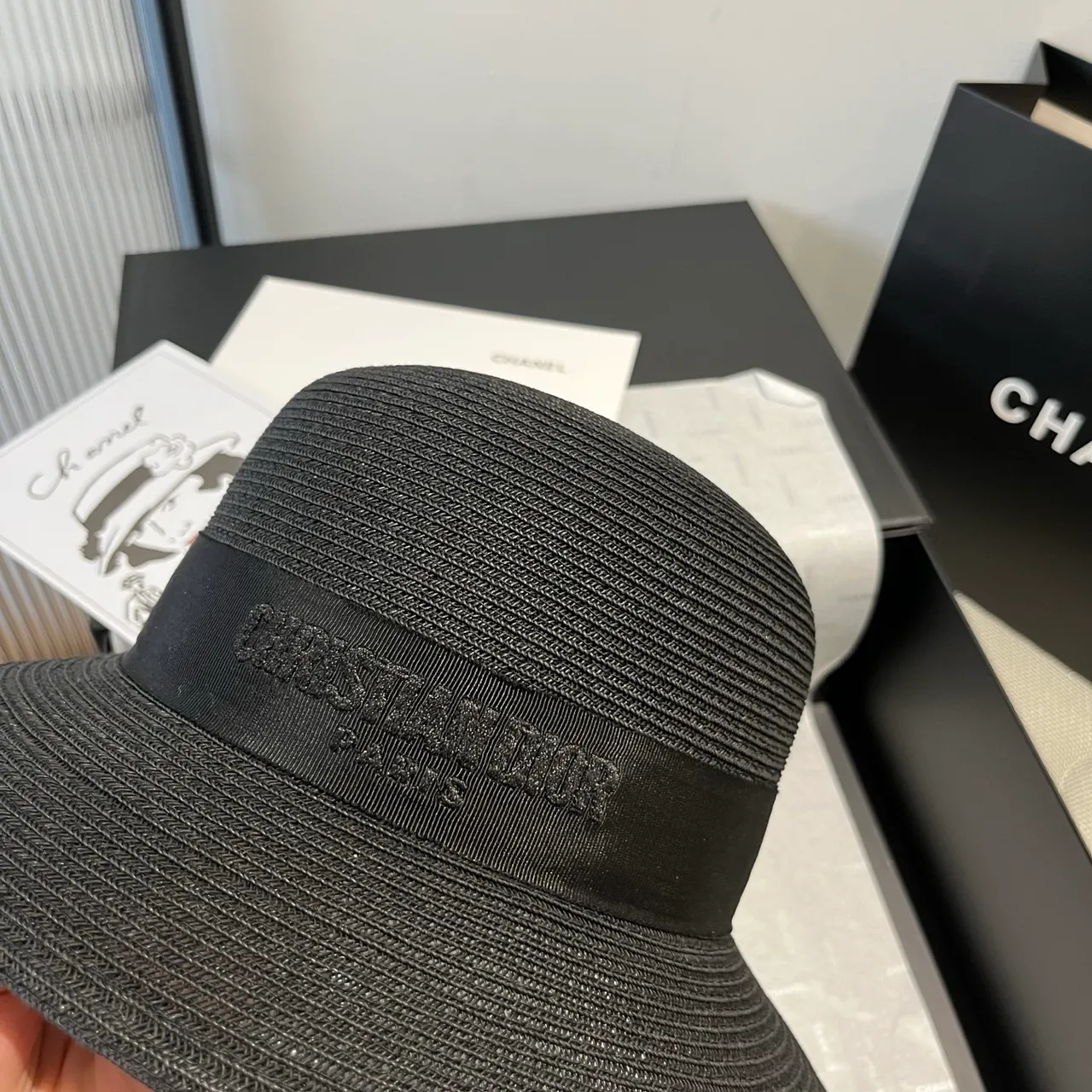 Dior Black Woven Straw-Like Texture Pinched Crown Fedora