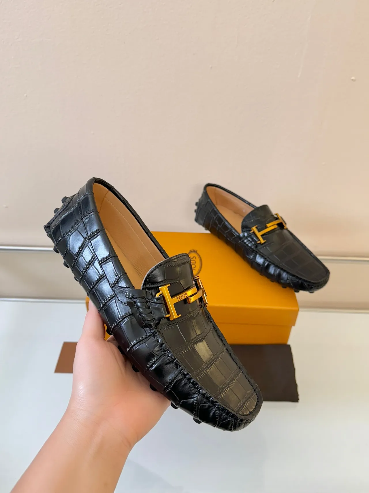 Tod's Gommino Loafer Black Croc-Embossed Leather Gold H-Bit Loafers