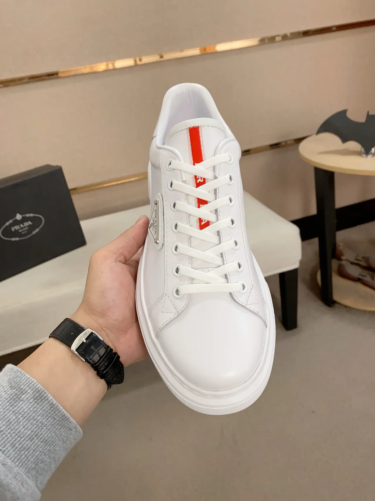 Prada Cloudbust White Red Leather Triangular Logo Plaque Lifestyle Sneakers