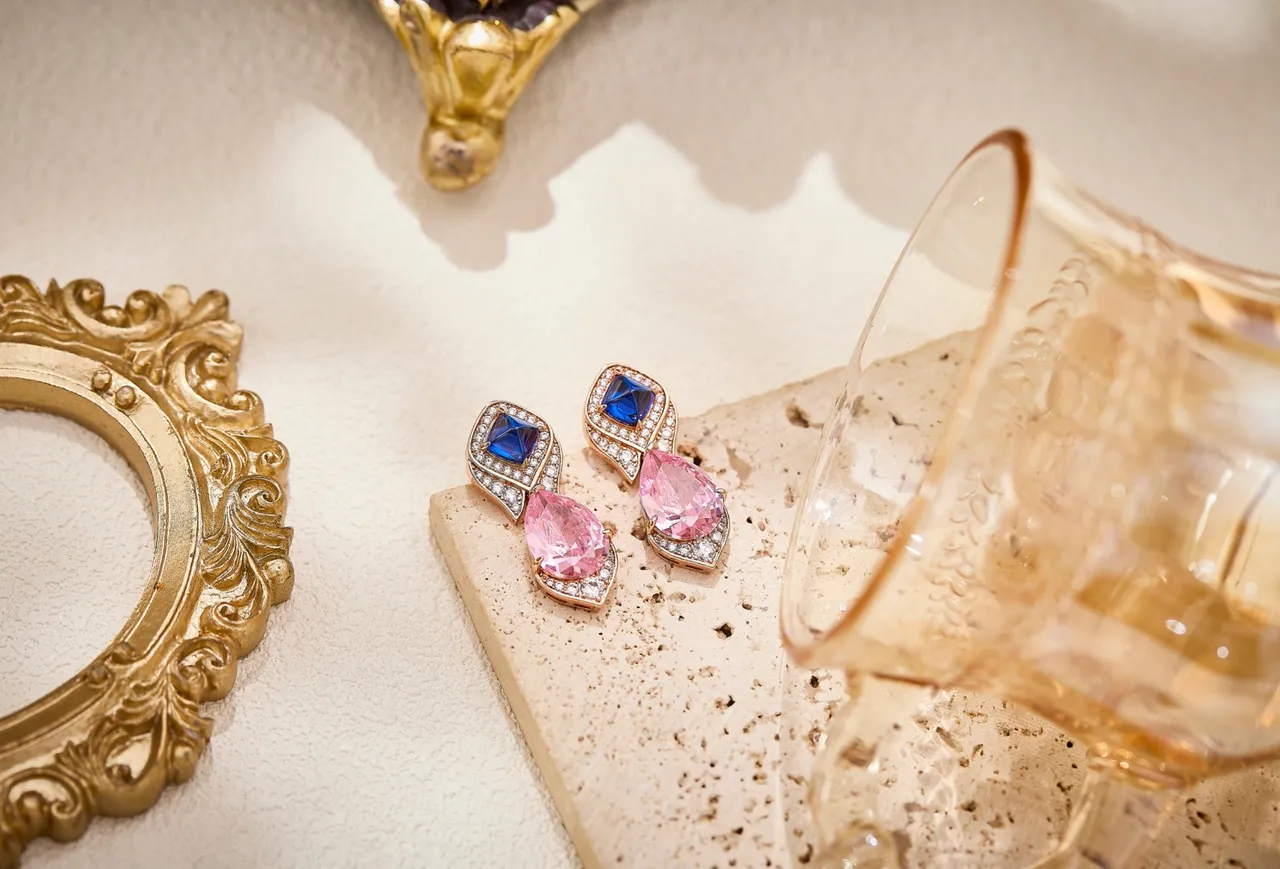 Red Pink Two-Stone Drop Pavé Diamond Halo Earrings