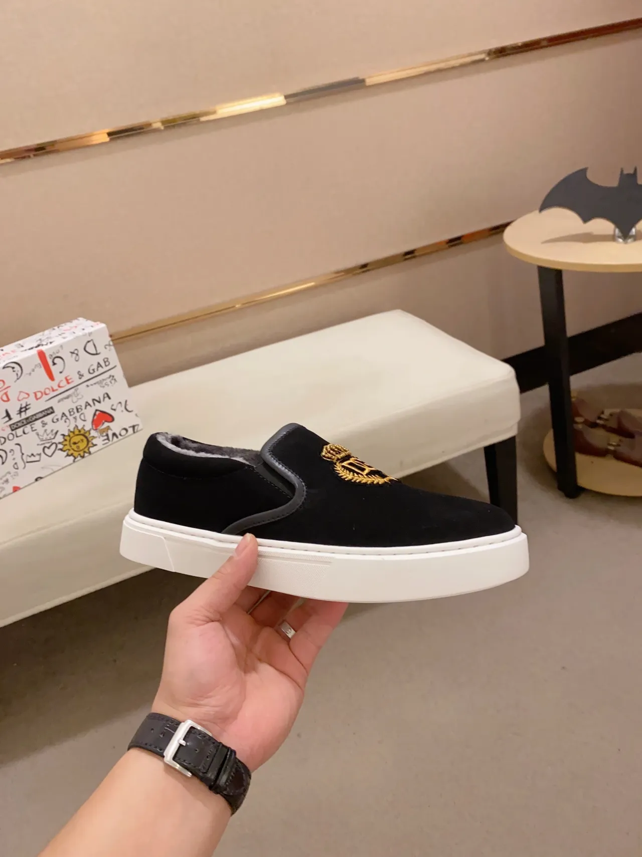 Dolce & Gabbana Portofino Black Gold Slip-On Suede Upper Lifestyle Sneakers