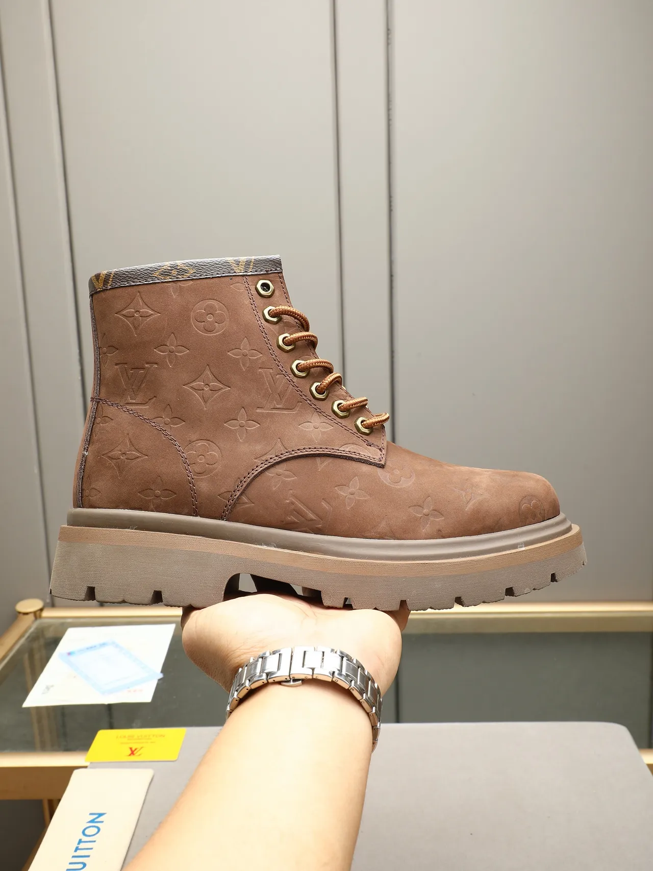 Louis Vuitton Monogram Suede Chunky Lug Sole Work Boot
