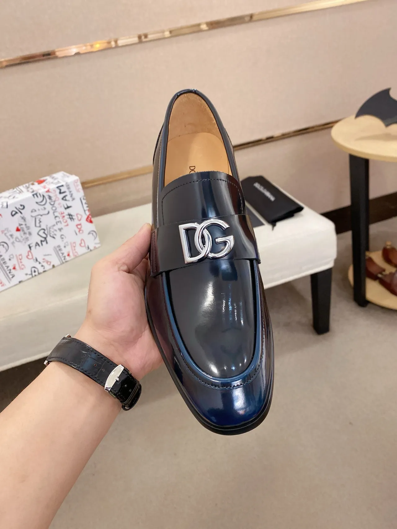 Dolce & Gabbana Portofino Navy Silver Patent Leather Metal Horsebit Buckle Loafer