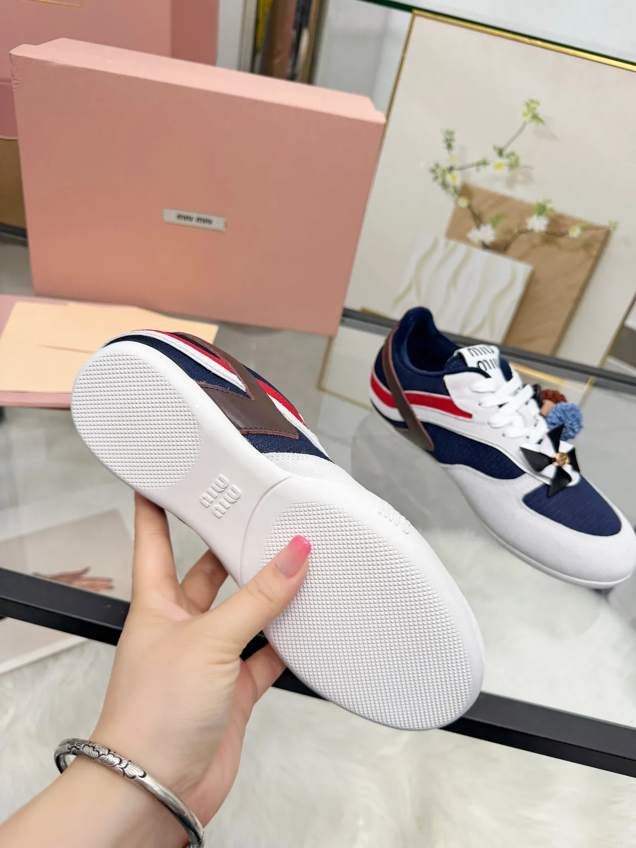 Miu Miu Lifestyle Sneaker White Navy Low-Top Suede And Mesh Upper Lifestyle Sneakers