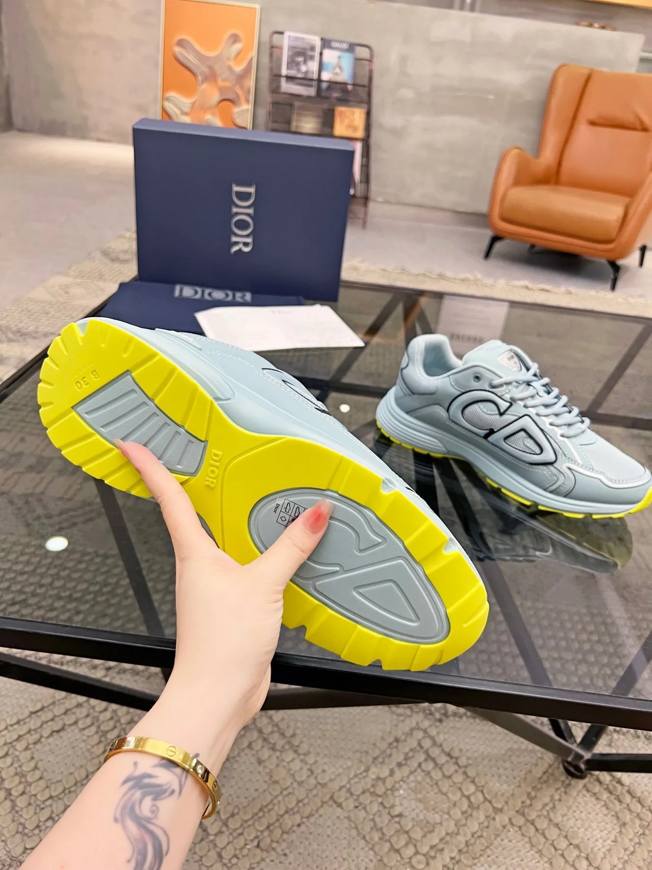 Dior B23 Oversized CD Logo Light Gray and Yellow Chunky Sneakers