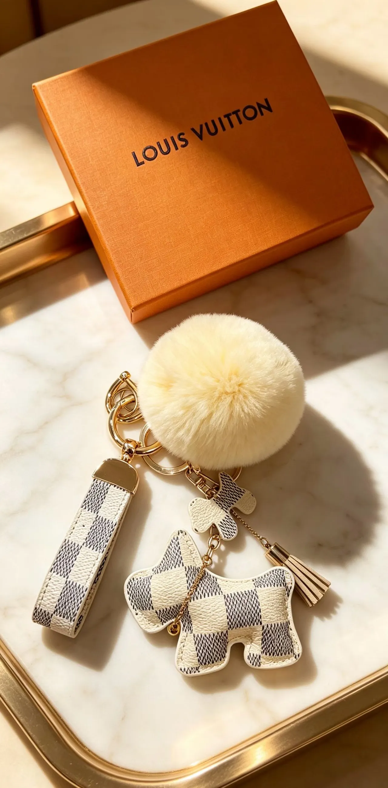 Louis Vuitton Teddy Bear Beige Black Damier Check Leather Pom-Pom Accent Phone Accessory