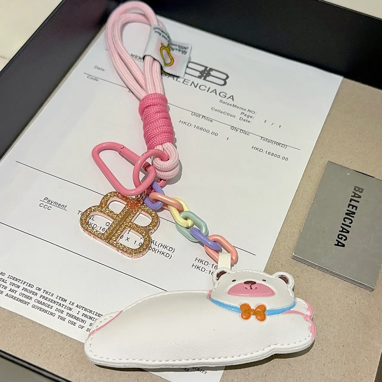 Balenciaga White Pink Leather Bear Charm Pastel Multicolor Chain Handbag