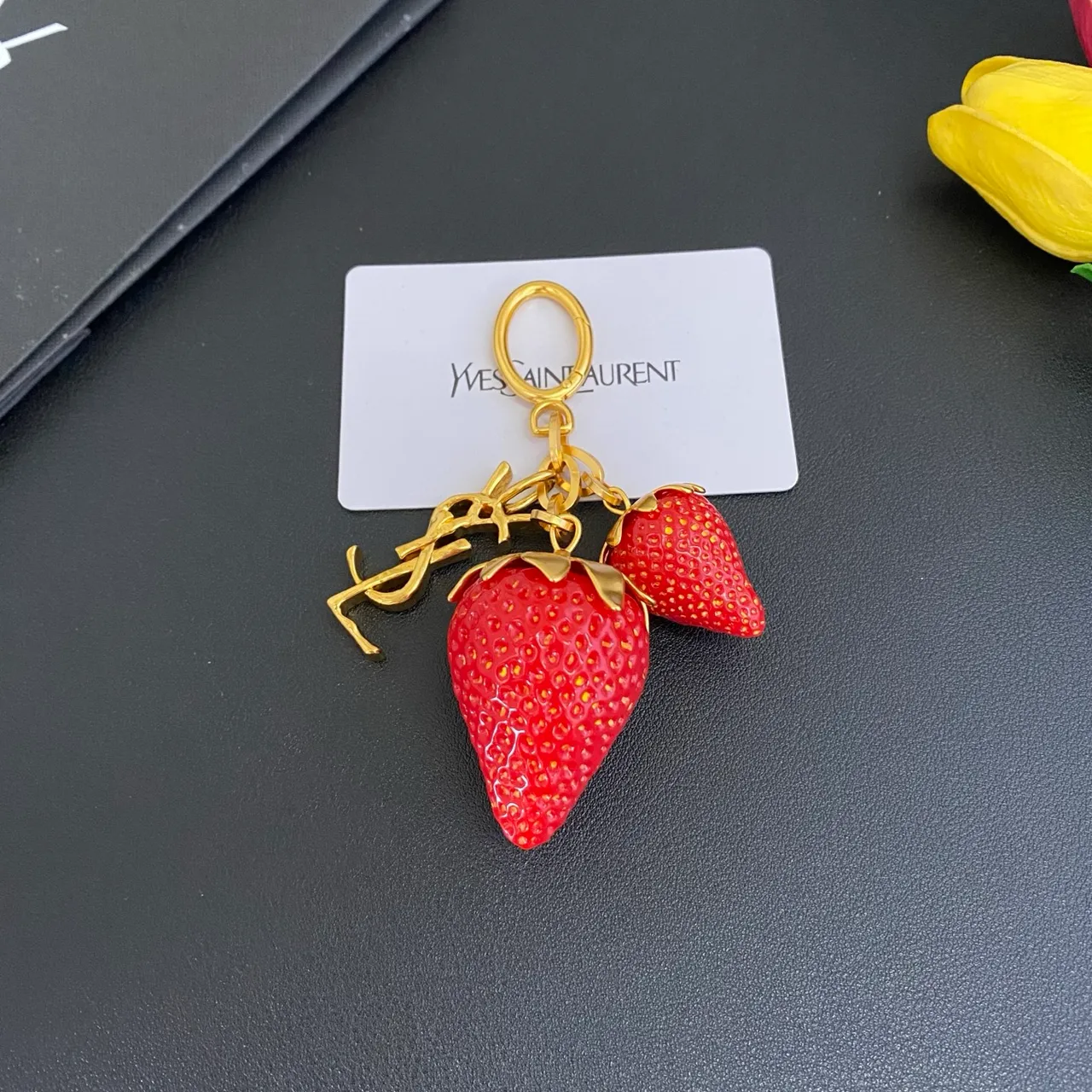 Saint Laurent Strawberry Keychain Red Gold Resin Charms Metal YSL Monogram Bracelet