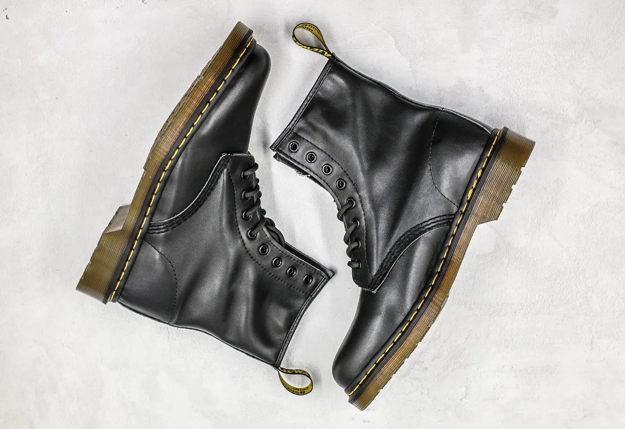 Dr. Martens 1460 Black Smooth Leather Yellow Stitch Martin Boots