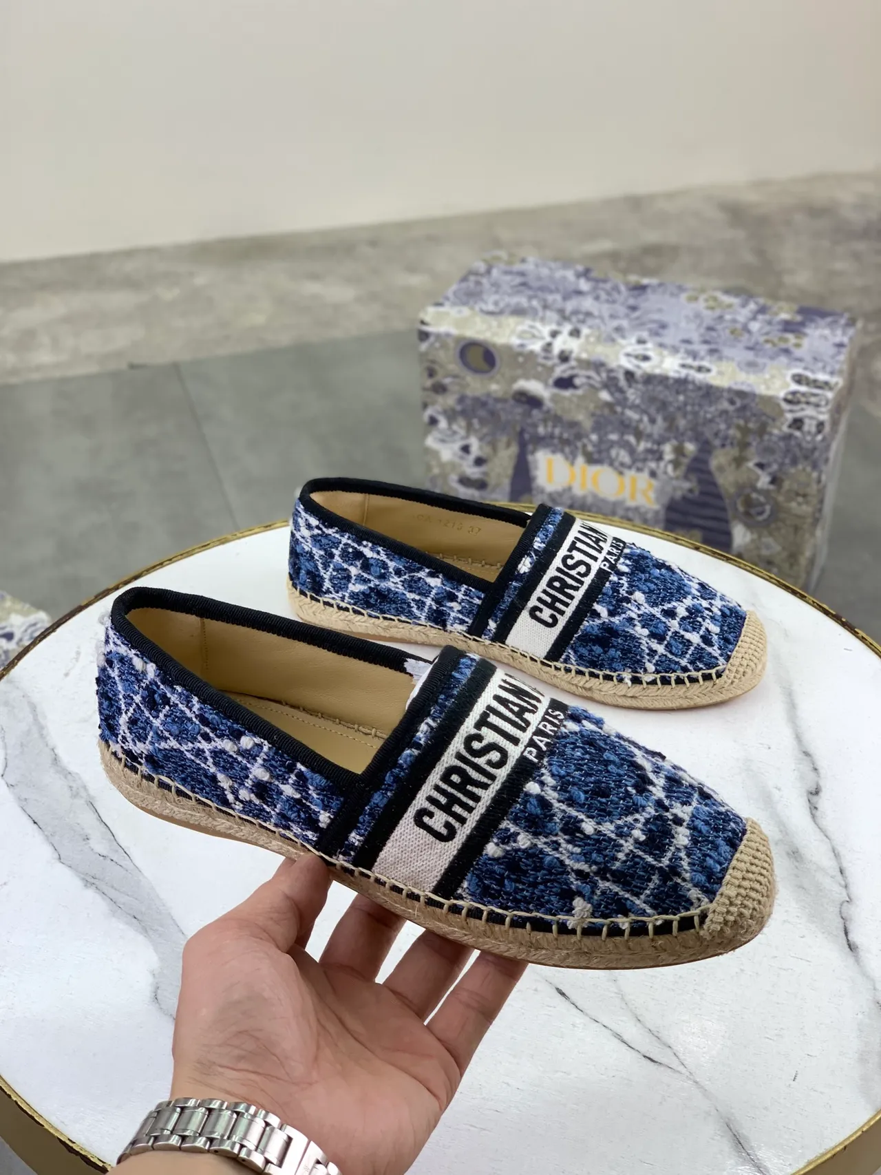 Dior Navy White Woven Tweed Upper Jute Espadrille Sole Boat Shoes